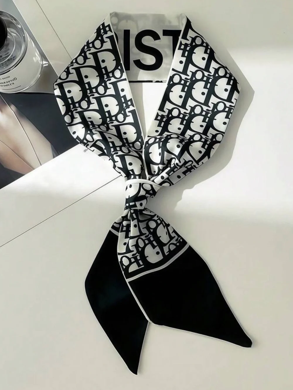 New Designer-Inspired Black & White Logo Silk Neck Scarf